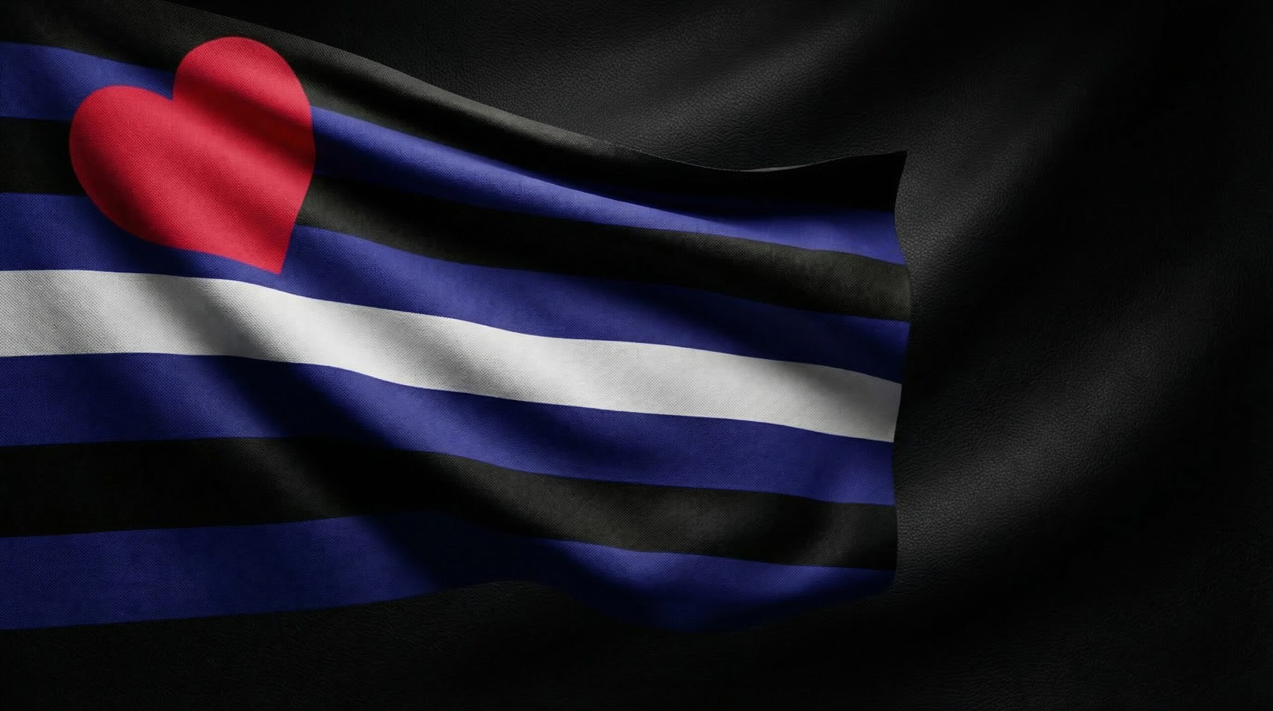 Leather Pride Flag presented in a premium editorial composition with dark background and refined cultural atmosphere