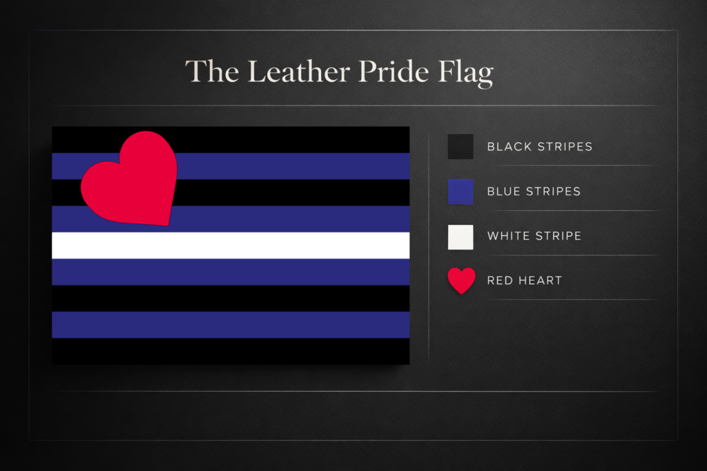 Infographic-style visual breakdown of the Leather Pride Flag showing its colors and red heart as symbolic elements
